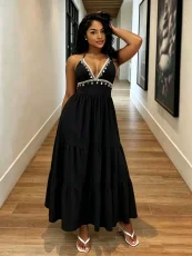 SC V Neck Halterneck Shell Tassel Maxi Dress GADE-11431