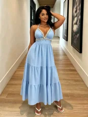 SC V Neck Halterneck Shell Tassel Maxi Dress GADE-11431