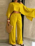 SC Solid Slash Shoulder Top Two Piece Pants Set QYMF-A741