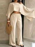 SC Solid Slash Shoulder Top Two Piece Pants Set QYMF-A741