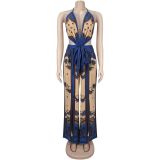 SC Deep V Neck Haterneck Print Wide Leg Jumpsuit BY-7772