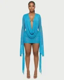 SC Deep V Neck Long Sleeve Mini Dress QYMF-M606