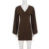 SC V Neck Flare Sleeve Mini Dress GPKJ-MR50419