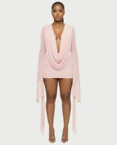 SC Deep V Neck Long Sleeve Mini Dress QYMF-M606