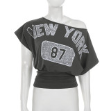 SC Letter Print Slash Shouider T Shirt+Denim Shorts Suit GPKJ-MR50176