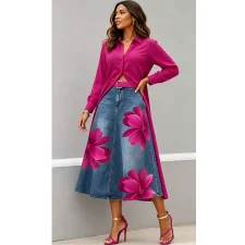 SC Plus Size Wash Flower Print High Waisted Denim Long Skirt GAKF-60519