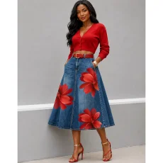 SC Plus Size Wash Flower Print High Waisted Denim Long Skirt GAKF-60519