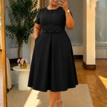 SC Plus Size 3D Flower Short Sleeve Midi Dress GCZF-8667