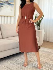 SC Sleeveless Belt Solid Color Midi Dress GYLY-11071