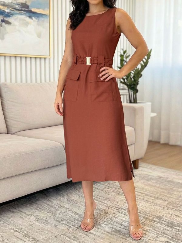 SC Sleeveless Belt Solid Color Midi Dress GYLY-11071