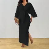 SC Plus Size Solid Color Knits Lace Up Maxi Dress HNIF-DGY229