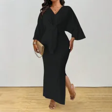 SC Plus Size Solid Color Knits Lace Up Maxi Dress HNIF-DGY229