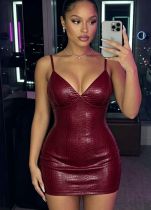 SC Solid Color Leather Bodycon Mini Dress GPKJ-MR50457