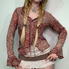 SC Print Mesh Long Sleeve Tie Up Top GPKJ-MR22860
