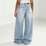 SC Plus Size Large Wing Pattern Printed Washed Jeans GYLN-5116