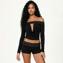 SC One Shoulder Rivet Pleated Two Piece Shorts Set MXBF-J26ST345