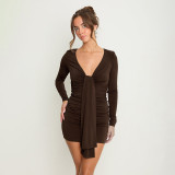 SC Solid Color Long Sleeve Ruched Mini Dress GSZM-C26DS319