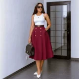 SC Solid Color Double-breasted Long Skirts GCNE-75374