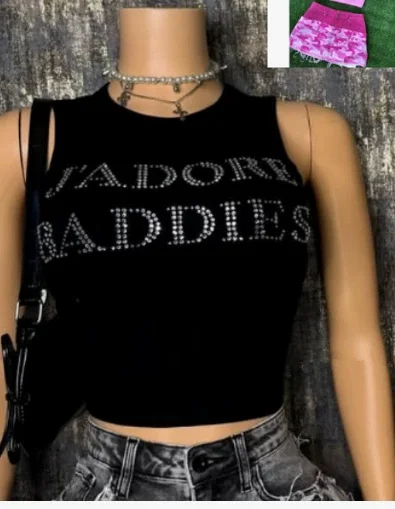 SC Letter Print Hot Drill Sleeveless Top GNJF-50859