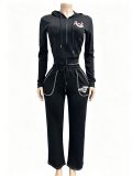 VIP1 Print Long Sleeve Zipper Hooded Two Piece Pants Set GFCF-1528