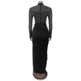 SC Hot Drill Mesh Ruched Maxi Dress+Sling Maxi Dress 2 Piece Set BY-7793