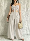SC Halterneck Solid Color Ruched Wide Leg Pants Suit QYMF-M607