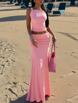 SC Slash Shoulder Top Ruched Long Skirt Suit HNIF-YY046