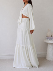 SC V Neck Long Sleeve Top Long Skirt 2 Piece Set HNIF-SR007