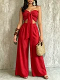 SC Halterneck Solid Color Ruched Wide Leg Pants Suit QYMF-M607