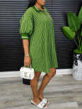SC Stripe Lapel Lantern Sleeve Shirt Dress HNIF-MC044