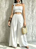 SC Halterneck Solid Color Ruched Wide Leg Pants Suit QYMF-M607