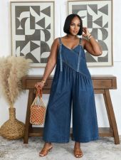 SC Plus Size Patchwork Washed Denim Sling Wide Leg Jumpsuit GYLN-6441