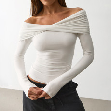 SC Ruched Off Shoulder Long Sleeve Tops GSBW-C26TP297