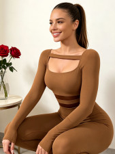 SC Plus Size Long Sleeve Mesh Patchwork Yoga Jumpsuit QMZF-1959