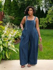 SC Plus Size Loose Press Pleated Denim Sling Wide Leg Jumpsuit GYLN-6440