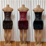 SC PU Leather Wrap Chest Tie Up Top 2 Piece Skirt Set GMYU-11382