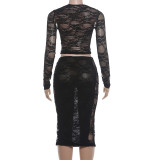 SC Lace Hollow Out Long Sleeve Two Piece Skirts Set GYME-K6S13215A