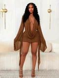 SC Flare Sleeve Mesh Deep V Neck Mini Dress SFY-2818
