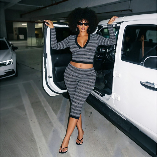 SC Deep V Neck Stripe Print Two Piece Pants Set MXBF-J26ST363