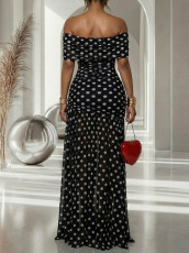SC Polka Dot Mesh Slit Maxi Dress AIL-364