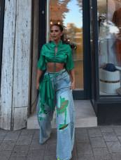 SC Denim Print Holes Contrast Color Wide Leg Pants(Without Belt)  SH-391662
