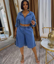 SC Plus Size Long Sleeve Hooded Jackets Denim Two Piece Shorts Set GAKF-60807