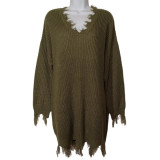 SC Plus Size V Neck Long Sleeve Irregular Tassel Mini Dress YMEF-59122