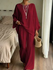 SC Solid Color Long Sleeve Loose Two Piece Pants Set GSRX-971