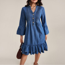 SC Lantern Sleeve Loose Denim Midi Dress GDAM-218978