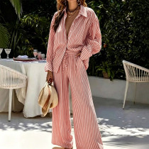 SC Stripe Lapel Neck Shirt Two Piece Pants Set GHYX-JYP7112