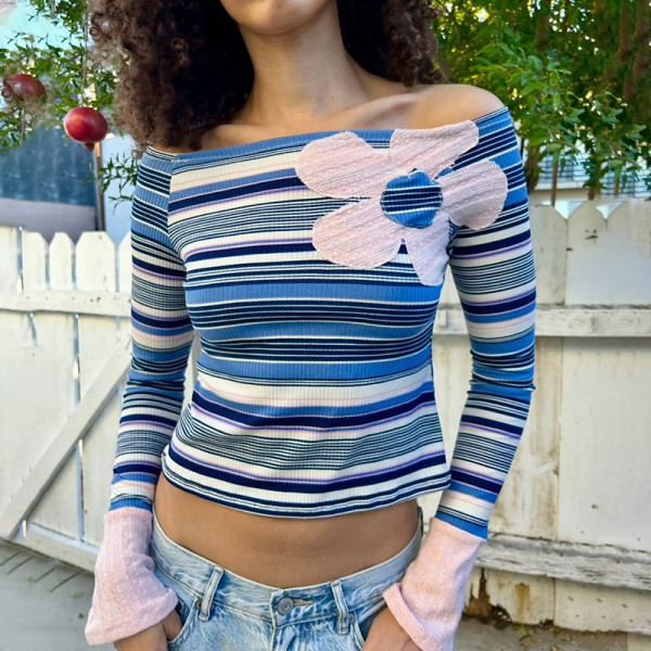 SC One Shoulder Stripe Printed Tops XEF-K6L16976A