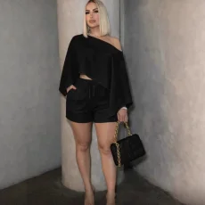 SC Slash Shoulder Bat Sleeve Two Piece Shorts Set HNIF-CH603