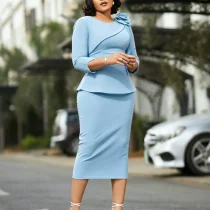 SC Plus Size Soldi Color 3/4 Sleeve Midi Dress GMLF-3381