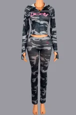 SC Letter Printed Long Sleeve Hooded Pants Suit YWXS-K25L1054